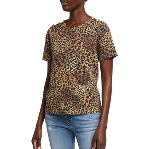 Veronica Beard Carla Leopard-Print Crewneck Tee with Buttons Shirt Size Large